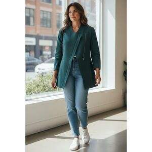 Eileen Fisher Merino wool zip up sweater jacket emerald green small petite